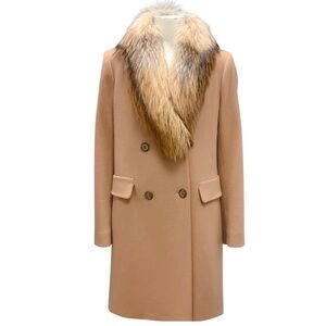 FLEURETTE TAN FOX FUR TRIMMED WOOL COAT